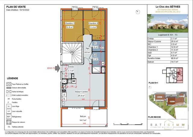appartement à vendre - 3 pièces - 68.8 m2 - BOURGOIN JALLIEU - 38 - RHONE-ALPES - Century 21 Immobilier Batigimm