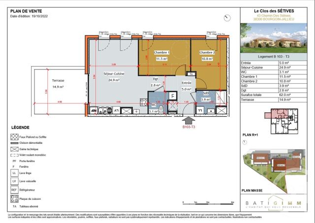 appartement à vendre - 3 pièces - 62.0 m2 - BOURGOIN JALLIEU - 38 - RHONE-ALPES - Century 21 Immobilier Batigimm