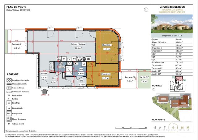 appartement à vendre - 3 pièces - 72.1 m2 - BOURGOIN JALLIEU - 38 - RHONE-ALPES - Century 21 Immobilier Batigimm