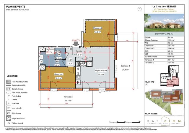 appartement à vendre - 3 pièces - 63.0 m2 - BOURGOIN JALLIEU - 38 - RHONE-ALPES - Century 21 Immobilier Batigimm