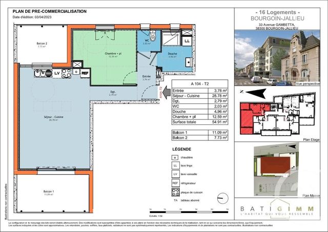 Appartement T2 à vendre - 2 pièces - 54.91 m2 - BOURGOIN JALLIEU - 38 - RHONE-ALPES - Century 21 Immobilier Batigimm