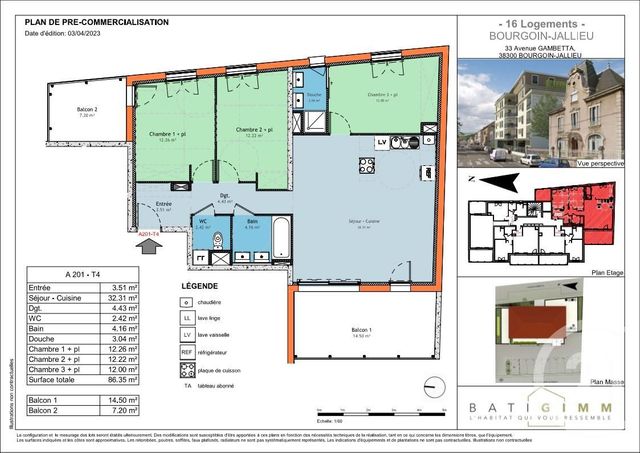 Appartement T4 à vendre - 4 pièces - 86.35 m2 - BOURGOIN JALLIEU - 38 - RHONE-ALPES - Century 21 Immobilier Batigimm