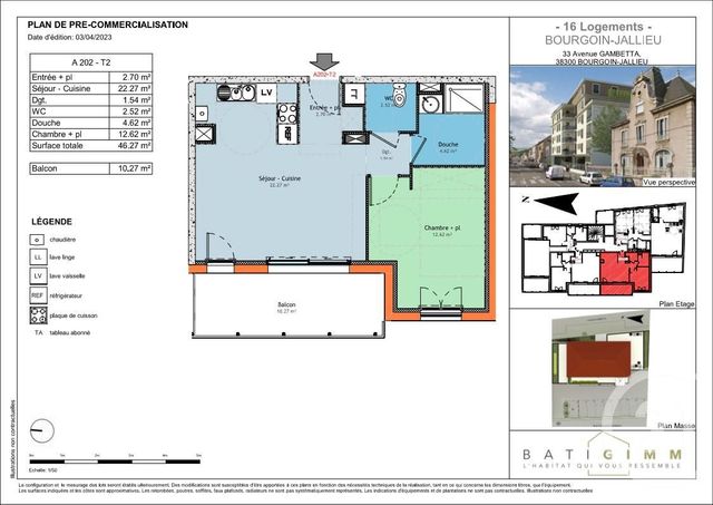 Appartement T2 à vendre - 2 pièces - 46.27 m2 - BOURGOIN JALLIEU - 38 - RHONE-ALPES - Century 21 Immobilier Batigimm