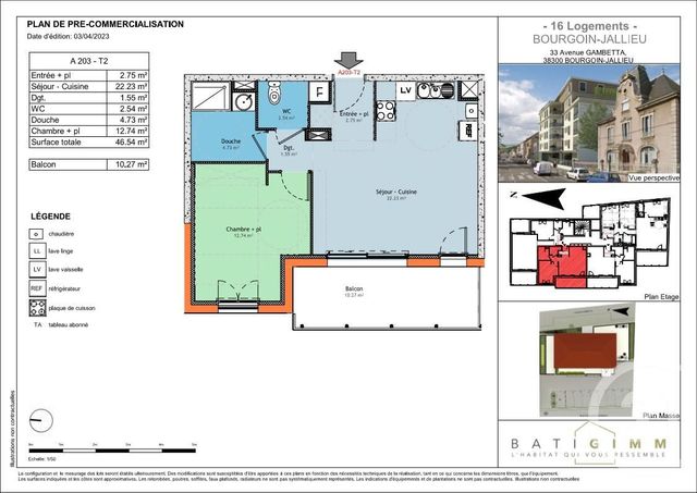 Appartement T2 à vendre - 2 pièces - 46.54 m2 - BOURGOIN JALLIEU - 38 - RHONE-ALPES - Century 21 Immobilier Batigimm