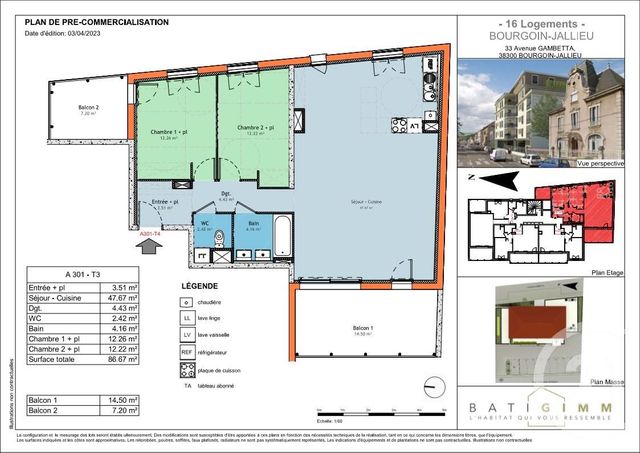 Appartement T4 à vendre - 4 pièces - 86.34 m2 - BOURGOIN JALLIEU - 38 - RHONE-ALPES - Century 21 Immobilier Batigimm