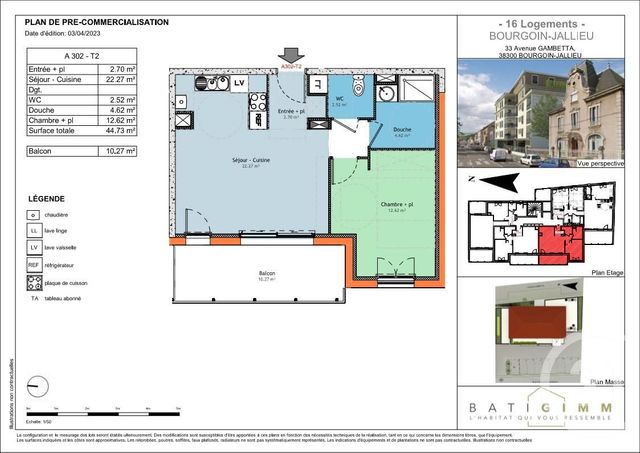 Appartement T2 à vendre - 2 pièces - 44.73 m2 - BOURGOIN JALLIEU - 38 - RHONE-ALPES - Century 21 Immobilier Batigimm