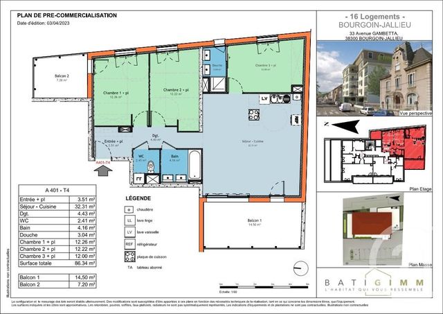 Appartement T4 à vendre - 4 pièces - 86.34 m2 - BOURGOIN JALLIEU - 38 - RHONE-ALPES - Century 21 Immobilier Batigimm
