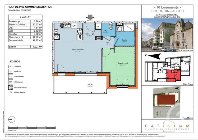 Appartement T2 à vendre - 2 pièces - 46.27 m2 - BOURGOIN JALLIEU - 38 - RHONE-ALPES - Century 21 Immobilier Batigimm